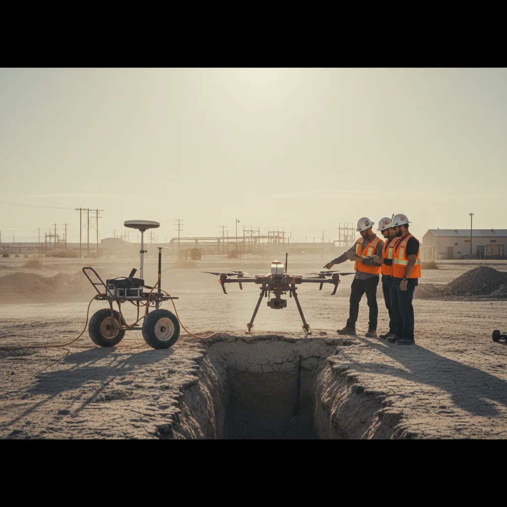 Field crew with GPR cart beside a utility trench
