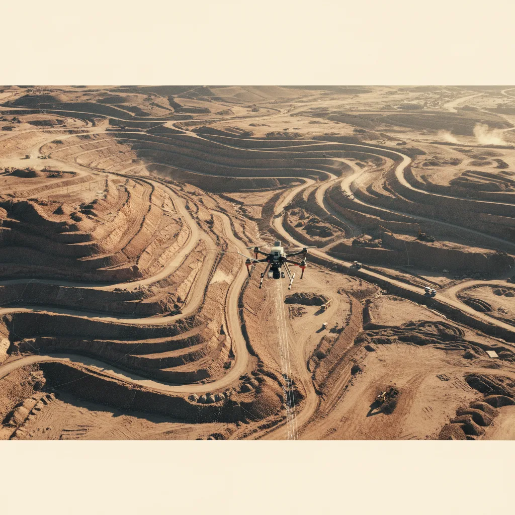 Drone over a desert earthworks site capturing LiDAR data