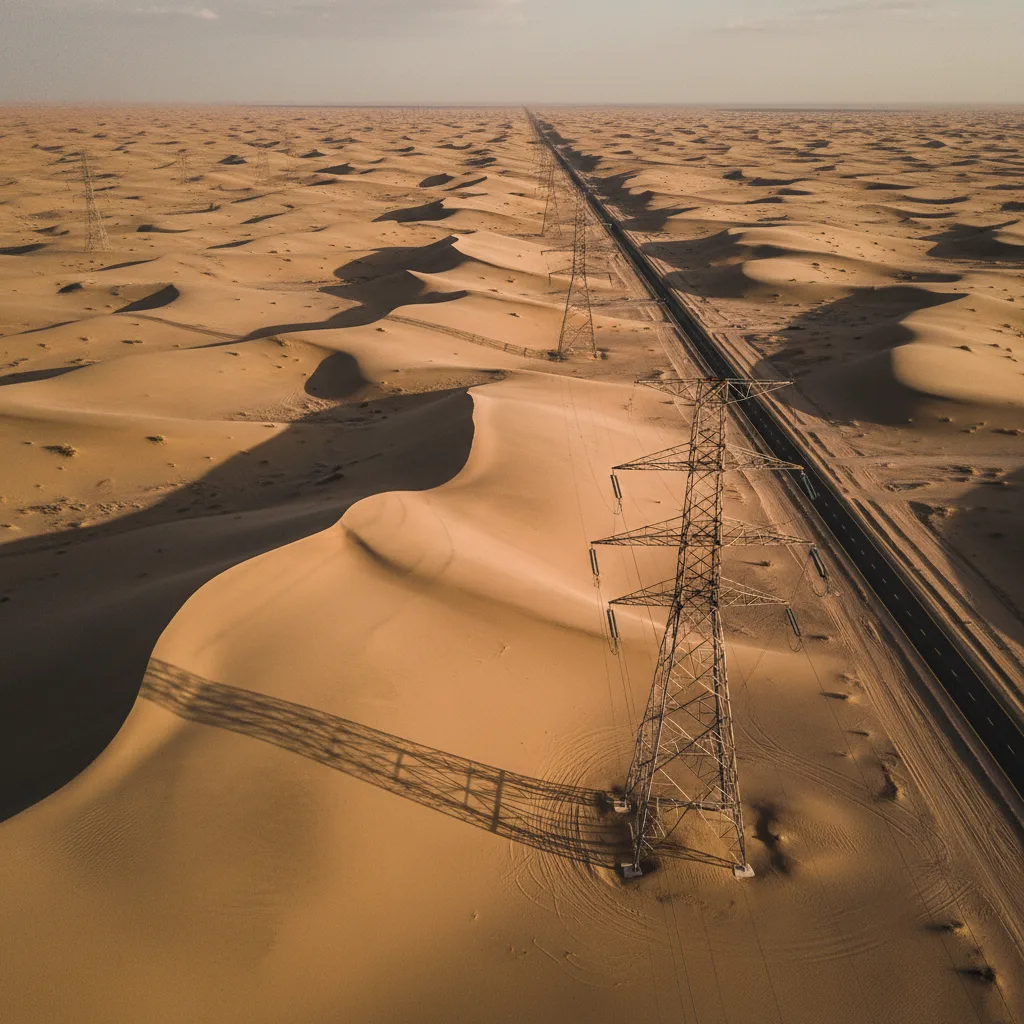 Power transmission lines across the Saudi desert