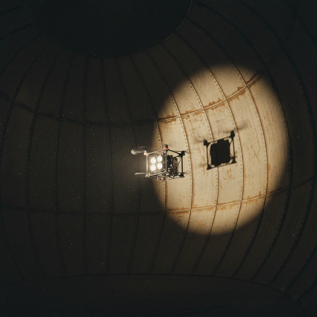 Caged inspection drone lighting an industrial storage tank interior
