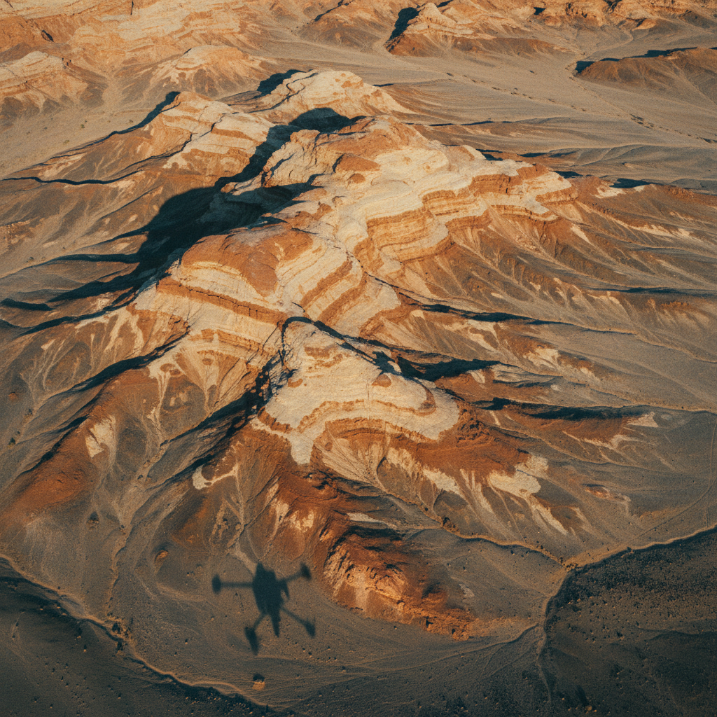 Drone shadow over a mineralised rock outcrop