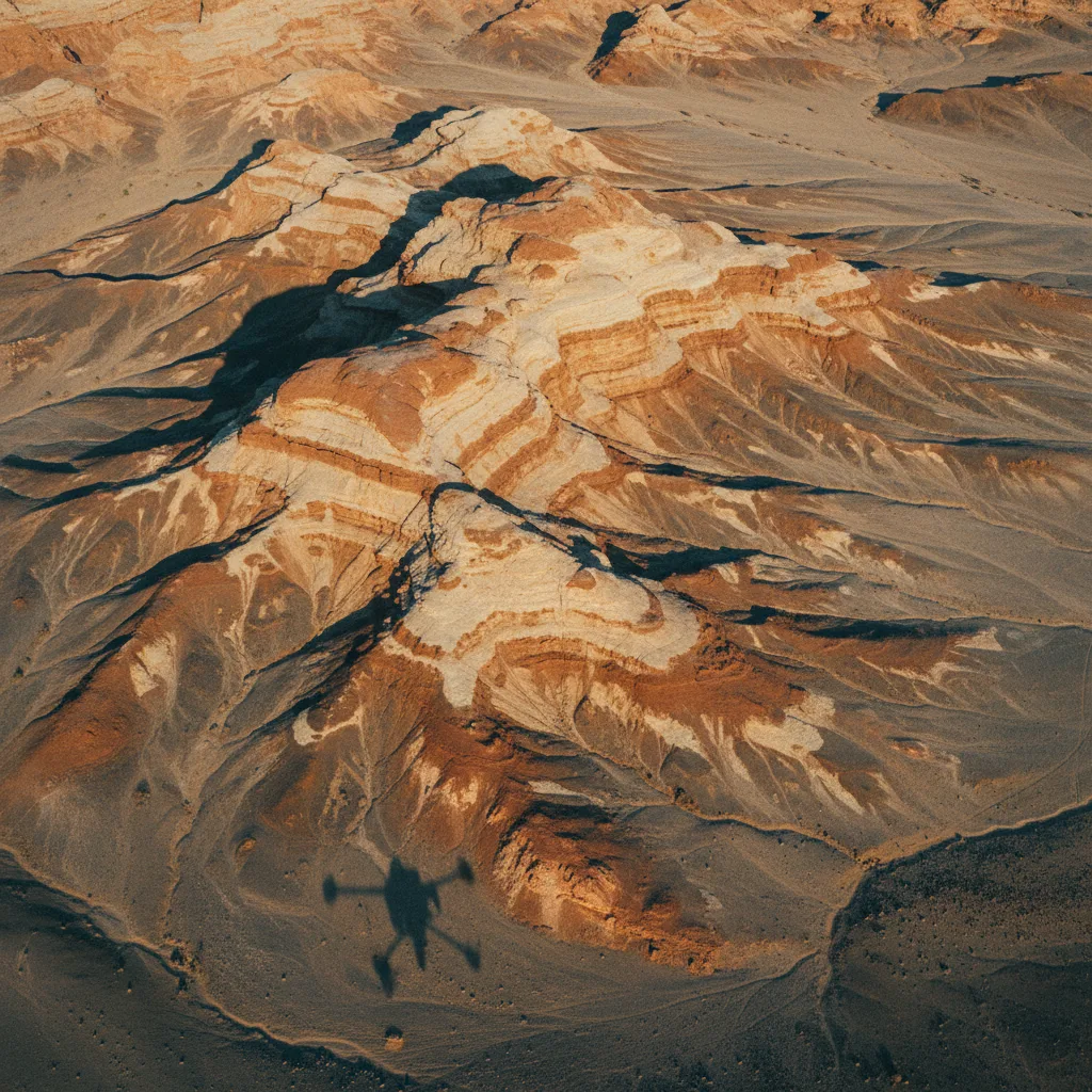 Drone shadow over a mineralised rock outcrop