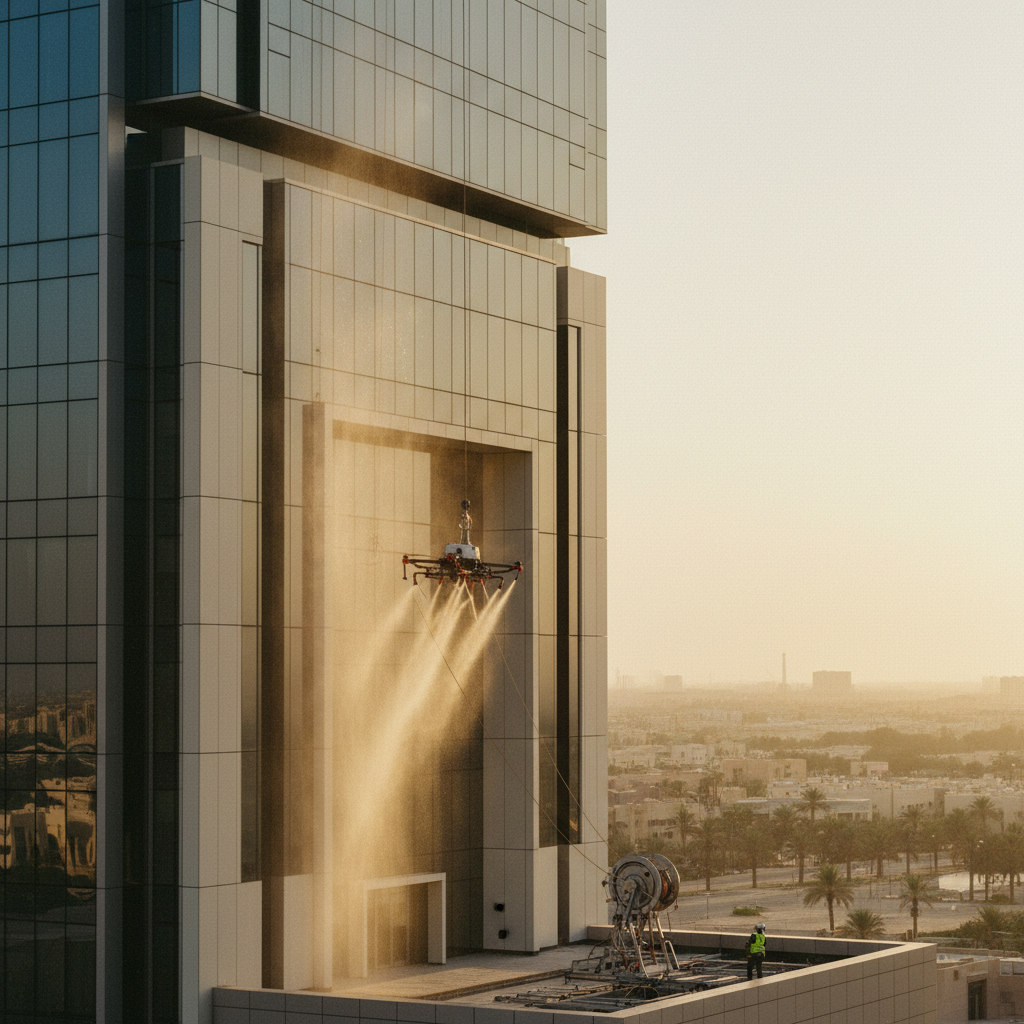 Tethered drone washing the glass facade of a Riyadh skyscraper